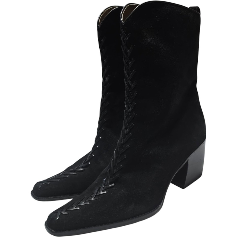 Circa Joan & David Black Suede Whipstitch Pointed Toe Block Heel Boots 7.5M